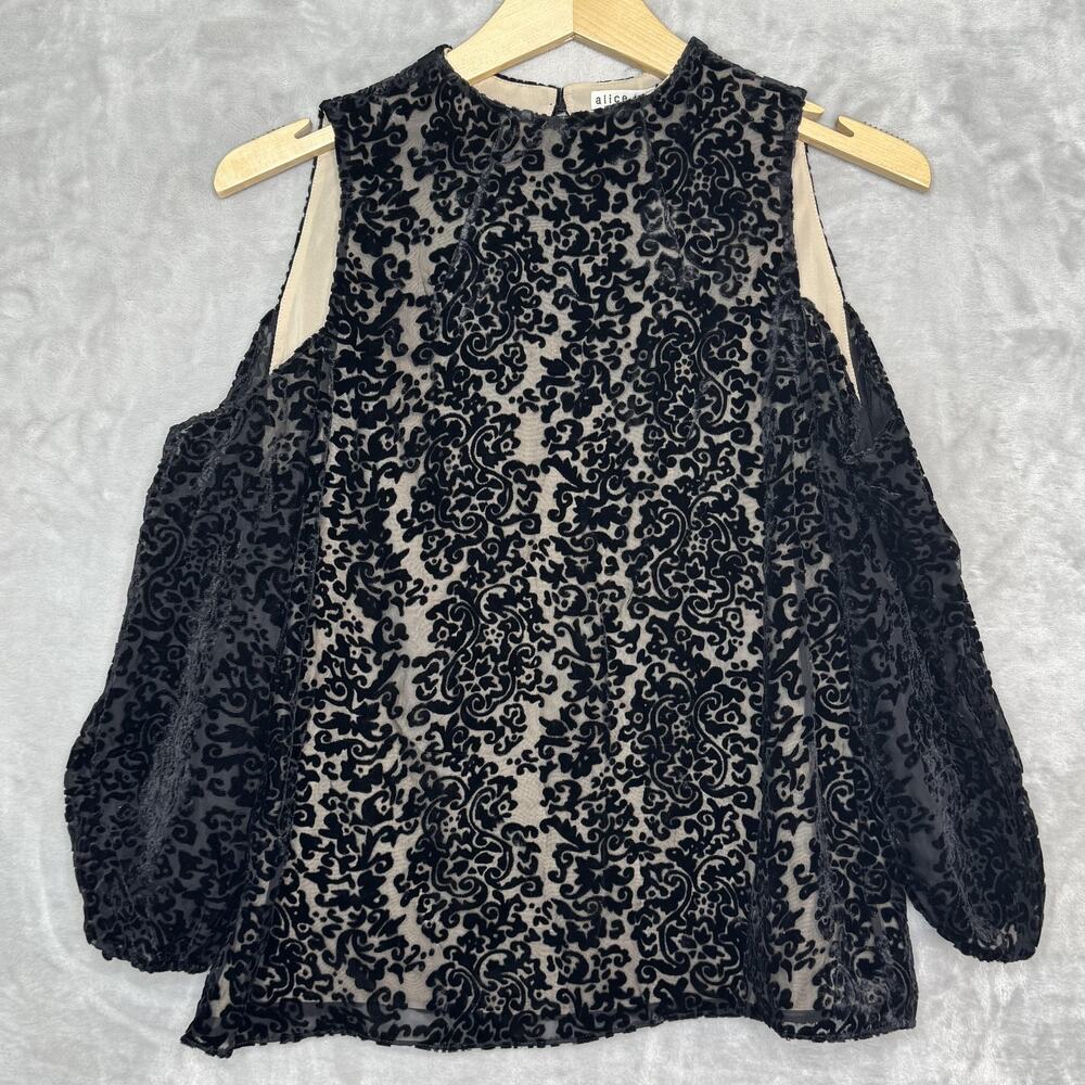 Alice + Olivia Top Womens Small Hallie Black Burnout Velvet Cold Shoulder NEW